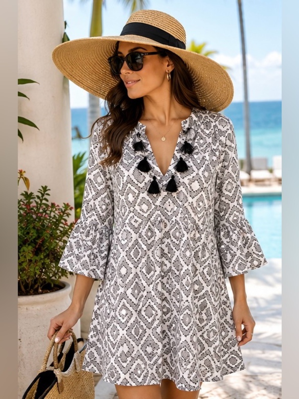 Tommy Bahama White & Black Print Tassel Dress Size XXS EUC